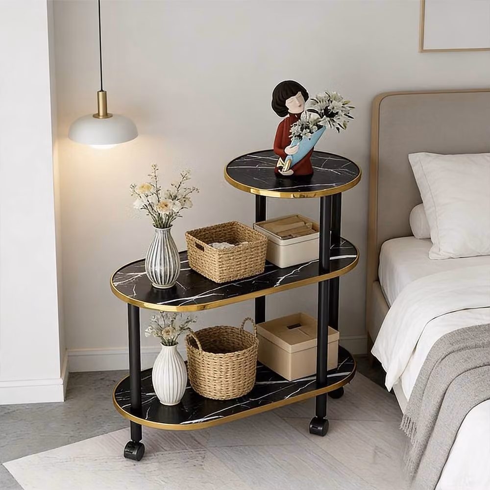 FORGEVIO Black 3 Tier Rolling Coffee Table with Casters and Oval Metal Tiers – 4