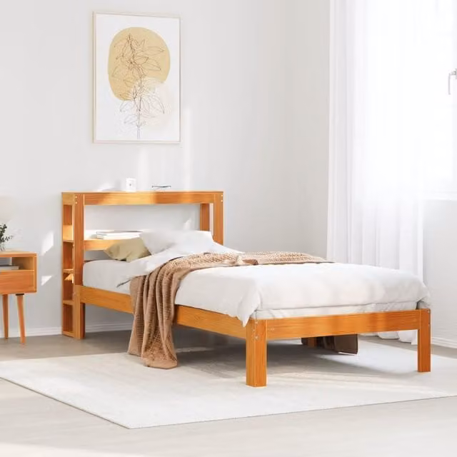 Berkfield Home Small Single Solid Wood Pine Bed Frame in Waxed Brown, W/D/H: 75 x 190 cm