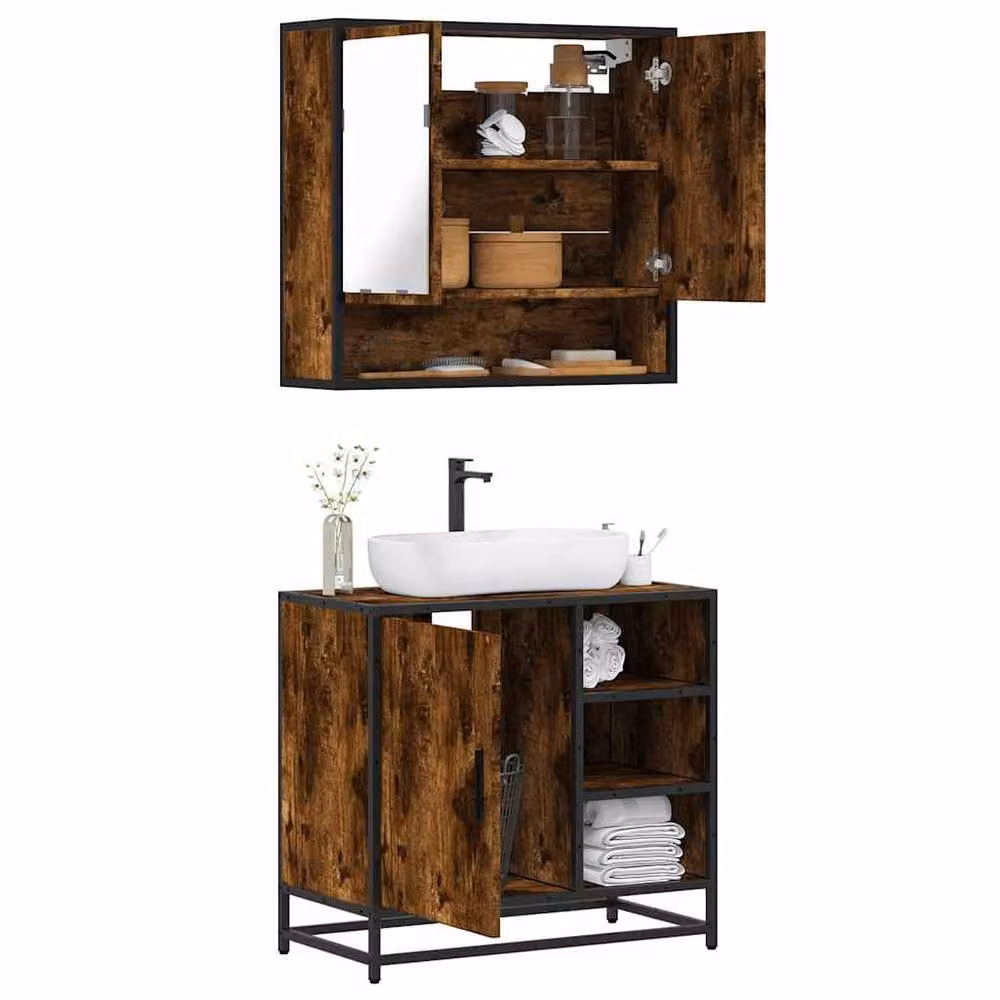 Berkfield Home 2 Piece Industrial Bathroom Furniture Set in Brown Smoked Oak with Vanity Unit and Mirror Cabinet – 2