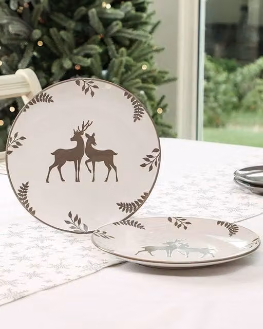 Dibor Set of 6 Grey and White Stag Ceramic Christmas Dinner Plates, Diameter: 27 cm – 1