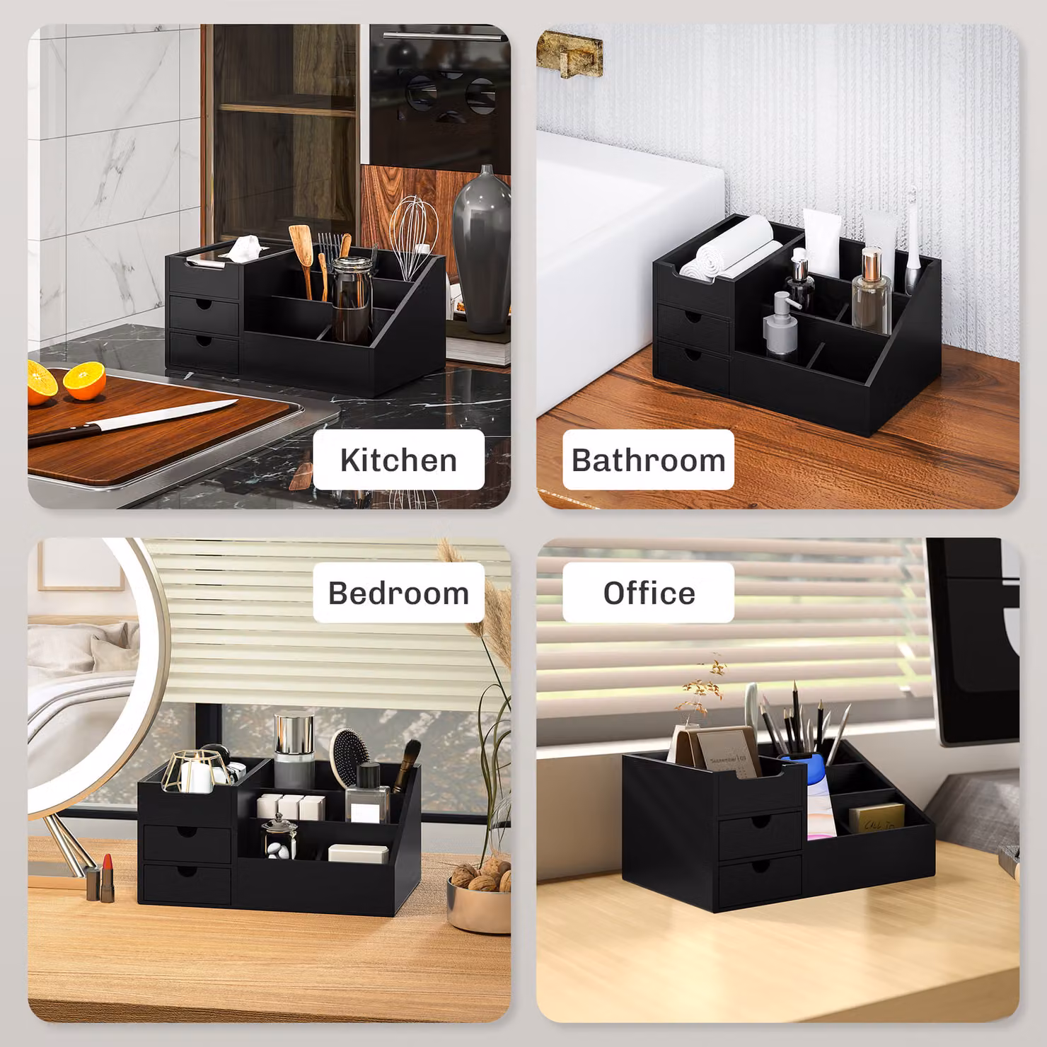 HOMCOM Black Bamboo Desk Organiser with 7 Compartments and 2 Drawers – 7