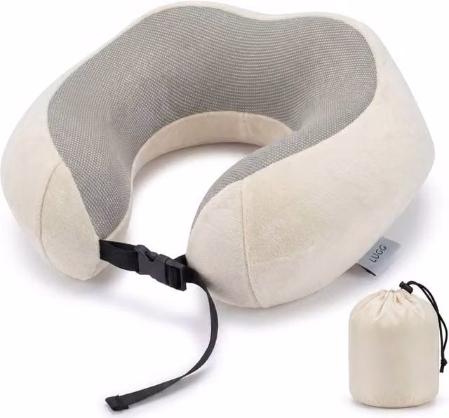 Lugg U-Shaped Memory Foam Travel Neck Pillow with Removable Cooling Cover and Storage Bag in Beige
