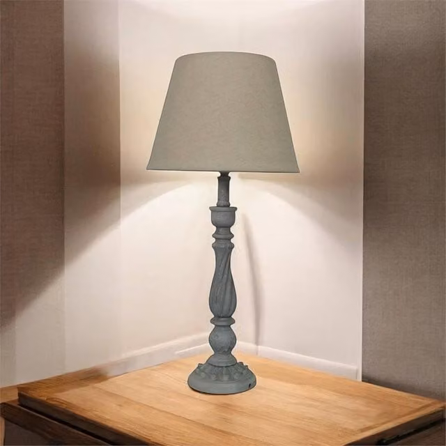 Havendro Elegant Grey Wooden Table Lamp with Fabric Shade, Height: 41 cm