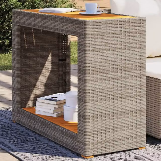 Berkfield Home Garden Side Table with Grey Poly Rattan and Acacia Wood Top, W/D/H: 100 x 40 x 75 cm