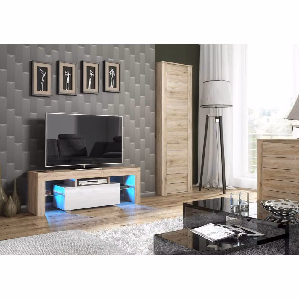 Mex Furniture LTD Floe TV Unit in Oak and White Gloss with LED Lights, W: 130 cm, D: 35 cm, H: 45 cm – 2