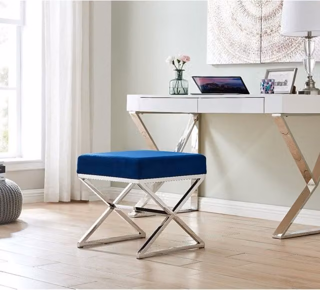 FurnitureboxUK Oxford Modern Blue Velvet Cube Stool with Silver Metal Frame