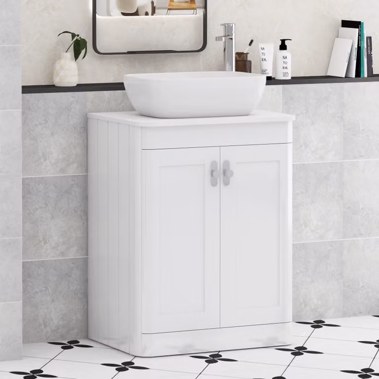Royal Bathrooms Henley 600mm Gloss White Floor Standing 2 Door Vanity Unit with Elva Basin and Chrome Knob