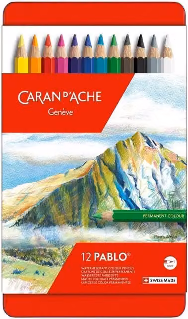 Caran d'Ache Pablo 12 Water-Resistant Colour Pencils in a Metal Tin, Assorted Colours