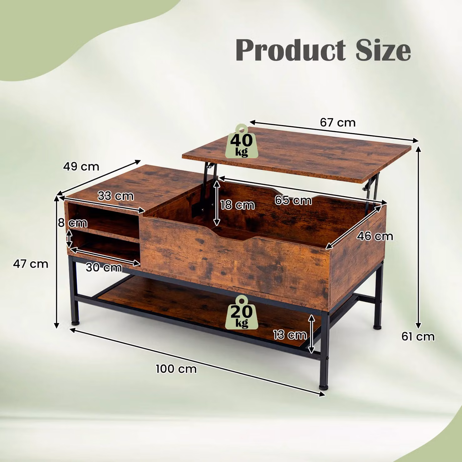 Costway Industrial Lift Top Coffee Table with Removable Shelf in Brown – 3