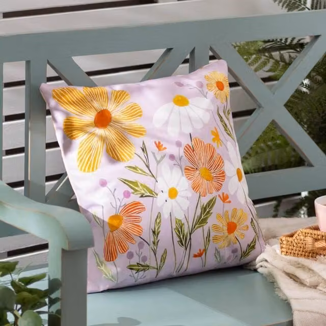 Wylder Wildflowers Country Floral Outdoor Cushion in Purple and Orange, W/D/H: 43 x 43 x 43 cm