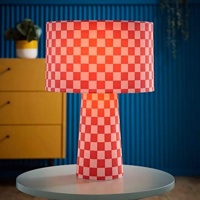 ValueLights Pritchard Checkerboard Fabric Table Lamp with Drum Shade and LED Bulb in Pink and Red