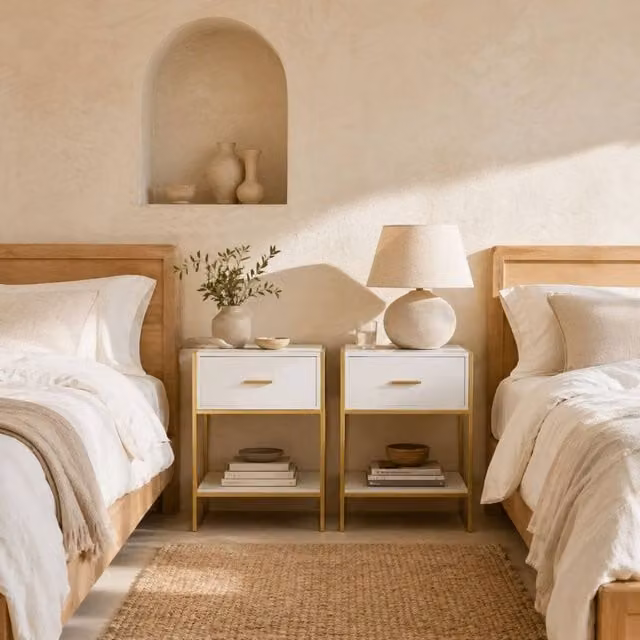 Wyld Haus Fimase Set of 2 White Bedside Tables with Drawer and Shelf – 1