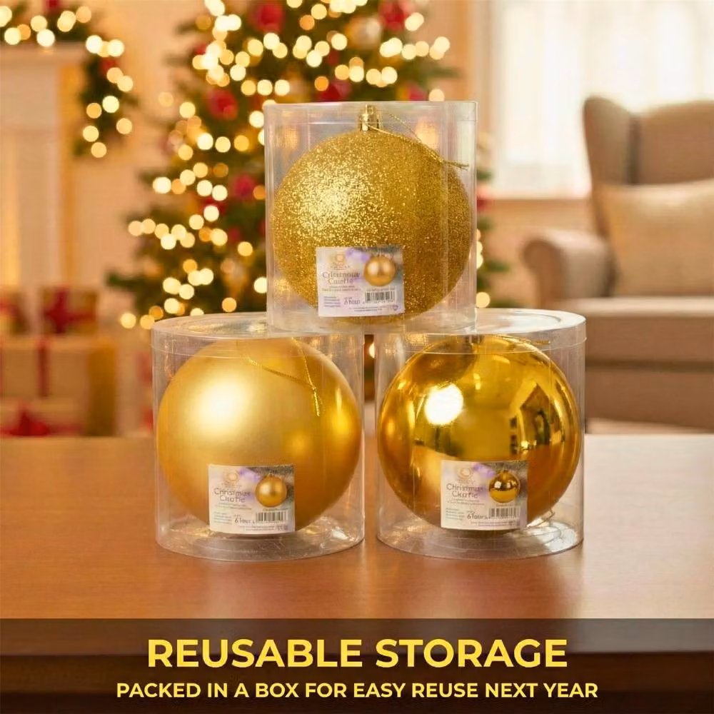 Shatchi Set of 3 Gold Christmas Baubles, 25 cm Diameter, Glossy, Matte and Glitter Finishes – 7