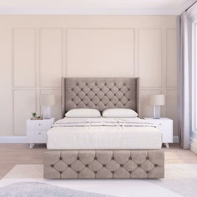 Sloomy Luthor Plush Velvet Wingback Bed Set in Stone, Small Double, W/D/H: 120 x 200 x 122 cm
