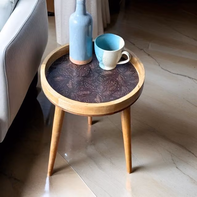 Hartsmede Handmade Mango Wood Round Side Table with Bronze Metal Embossed Floral Details, Brown, W/D/H: 37 x 37 x 47 cm – 1