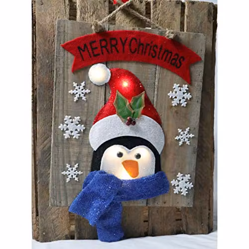 Shatchi Blue Wooden Penguin and Snowflake Christmas Wall Hanging with LED Lights, W/H: 30 x 36 cm – 4