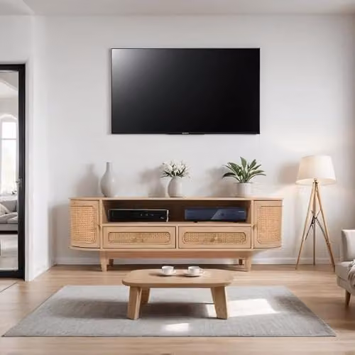 Indian Hub Valencia Modern Mango Wood and Rattan TV Cabinet with 2 Drawers and 2 Doors, Brown, W: 152 cm, D: 40 cm, H: 50 cm – 2