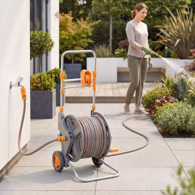 Outsunny Orange Hose Reel Cart with Wheels and 45m plus 2m Hose