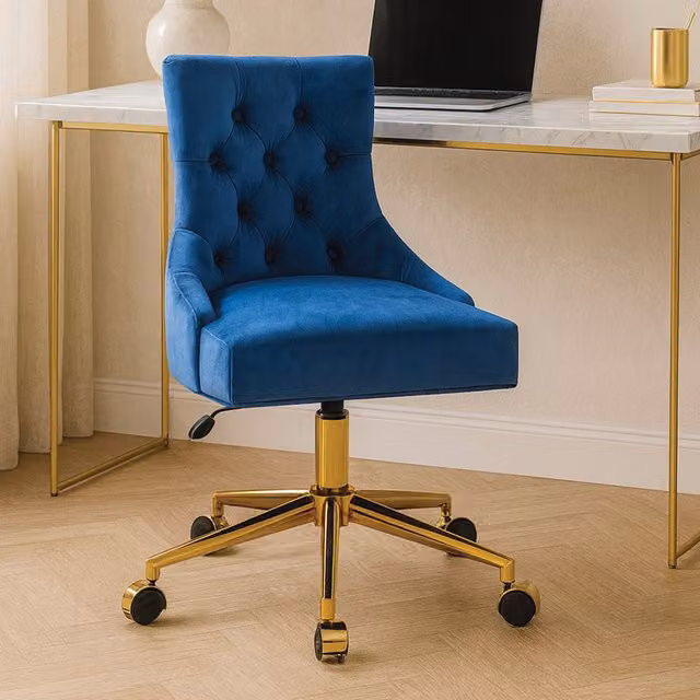 Fifty Five South Blue Velvet Swivel Task Chair with Gold Metal Base