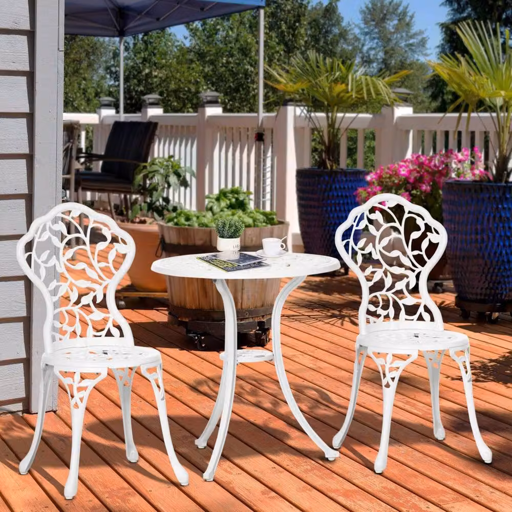 Wyld Haus Karipa 3 Piece Floral Cast Aluminium Bistro Dining Set in White – 3