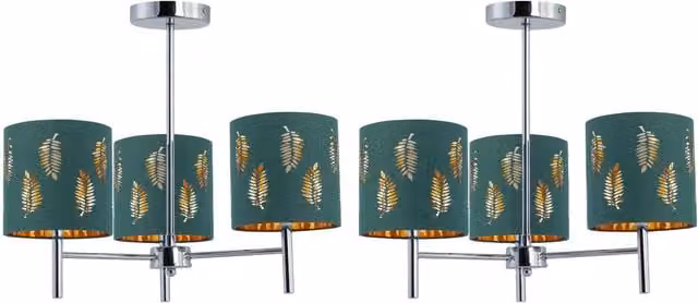 First Choice Lighting Brea Set of 2 Chrome 3 Light Ceiling Fittings with Dark Green Fabric Fern Shades – 1