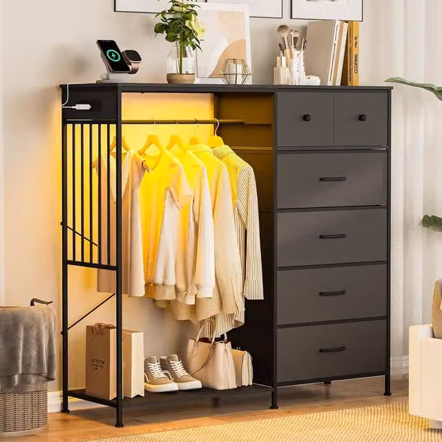 London Boutique 6-Drawer Dresser with Hanging Rod and Charging Station in Black