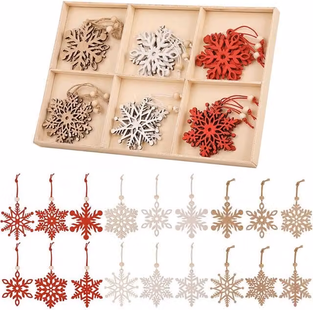 Neel Blue Rustic Wooden Snowflake Christmas Hanging Ornaments, 18 Pieces in White, Red and Multicolour – 1