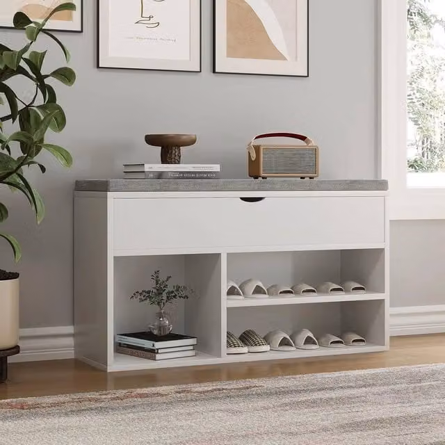 VOGREX 2 Tier White Fabric Shoe Storage Bench with Flip-Open Design – 1