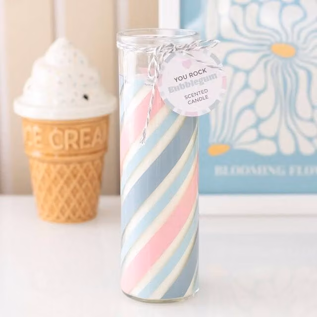 Uniqueful Candy Stripe Bubblegum Tube Candle in Blue and Multicolour, Height: 15 cm