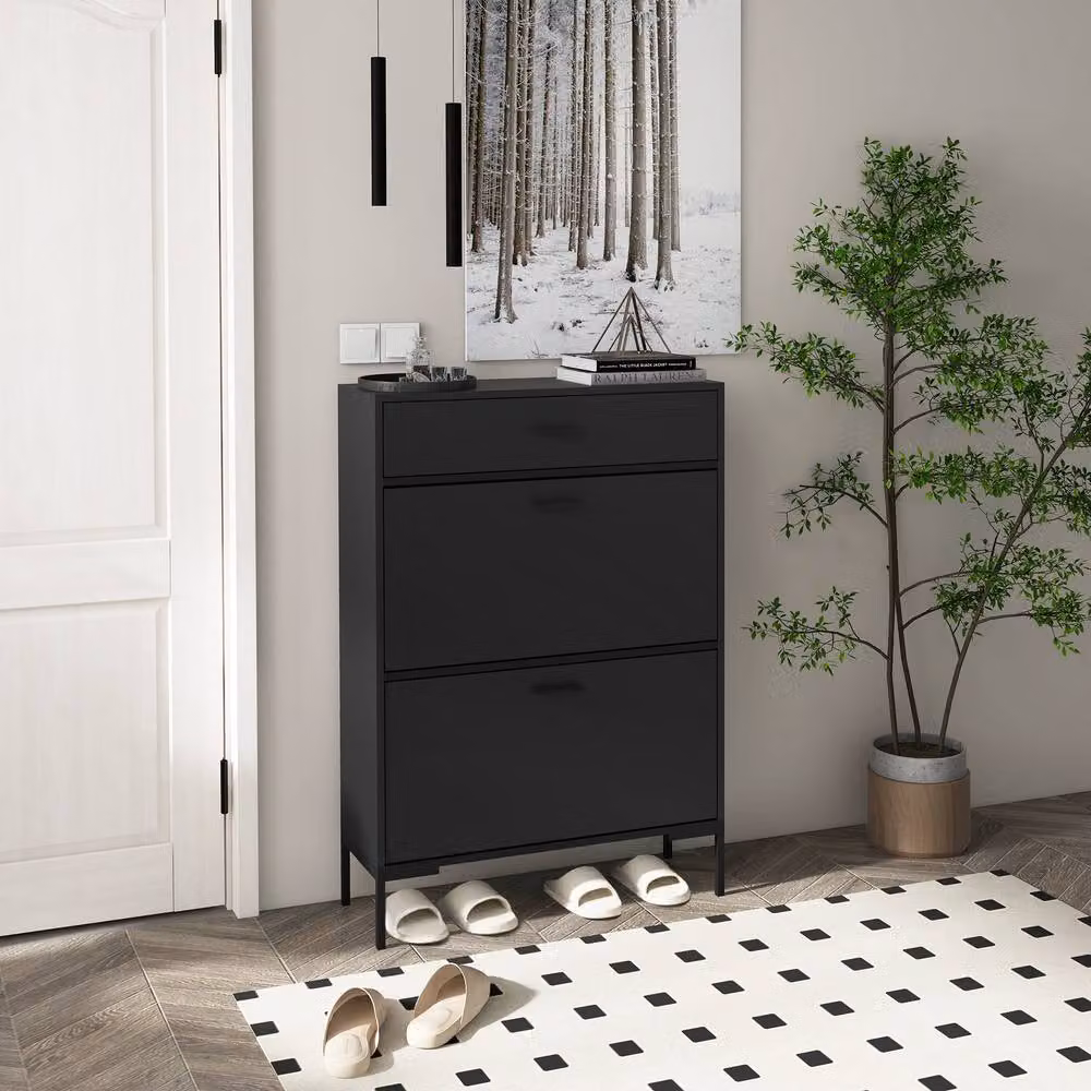 ERGOVEXA Slim Black Shoe Storage Cabinet with 3 Tilting Drawers and Internal Shelves – 3