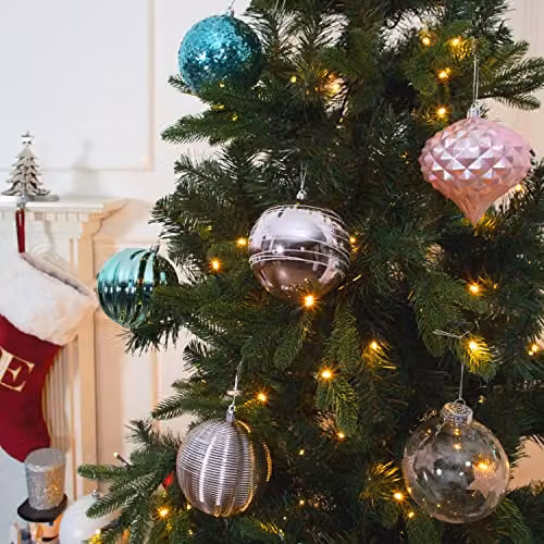 The Christmas Workshop Set of 12 Shatterproof Textured Plastic Round Baubles in Pink, Blue and White – 5