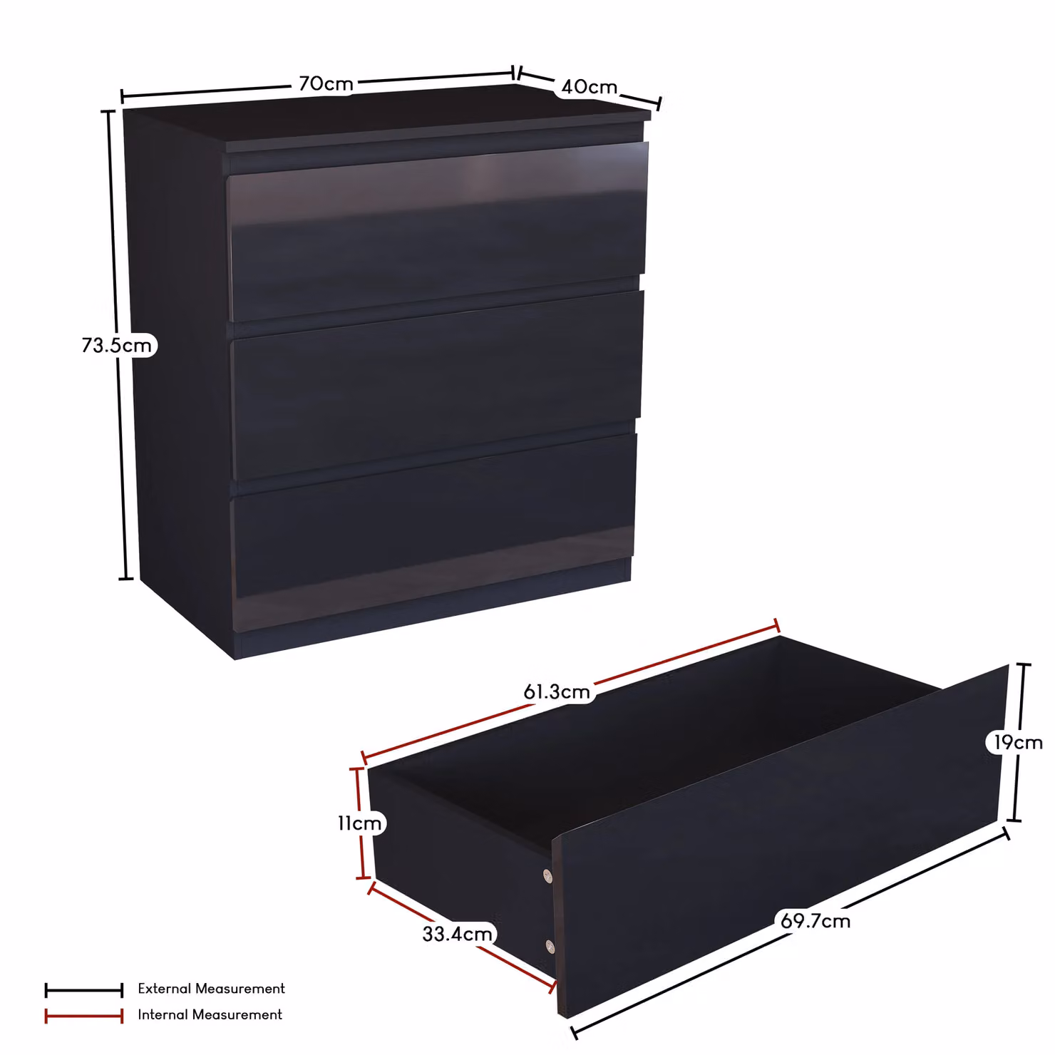 Vida Designs Glinton High Gloss 3 Drawer Chest of Drawers in Black – 2