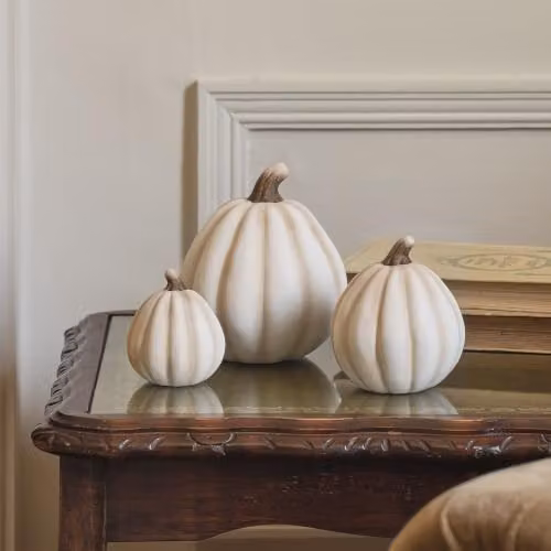 Lights4fun Set of 3 White Porcelain Pumpkin Tabletop Decorations – 2