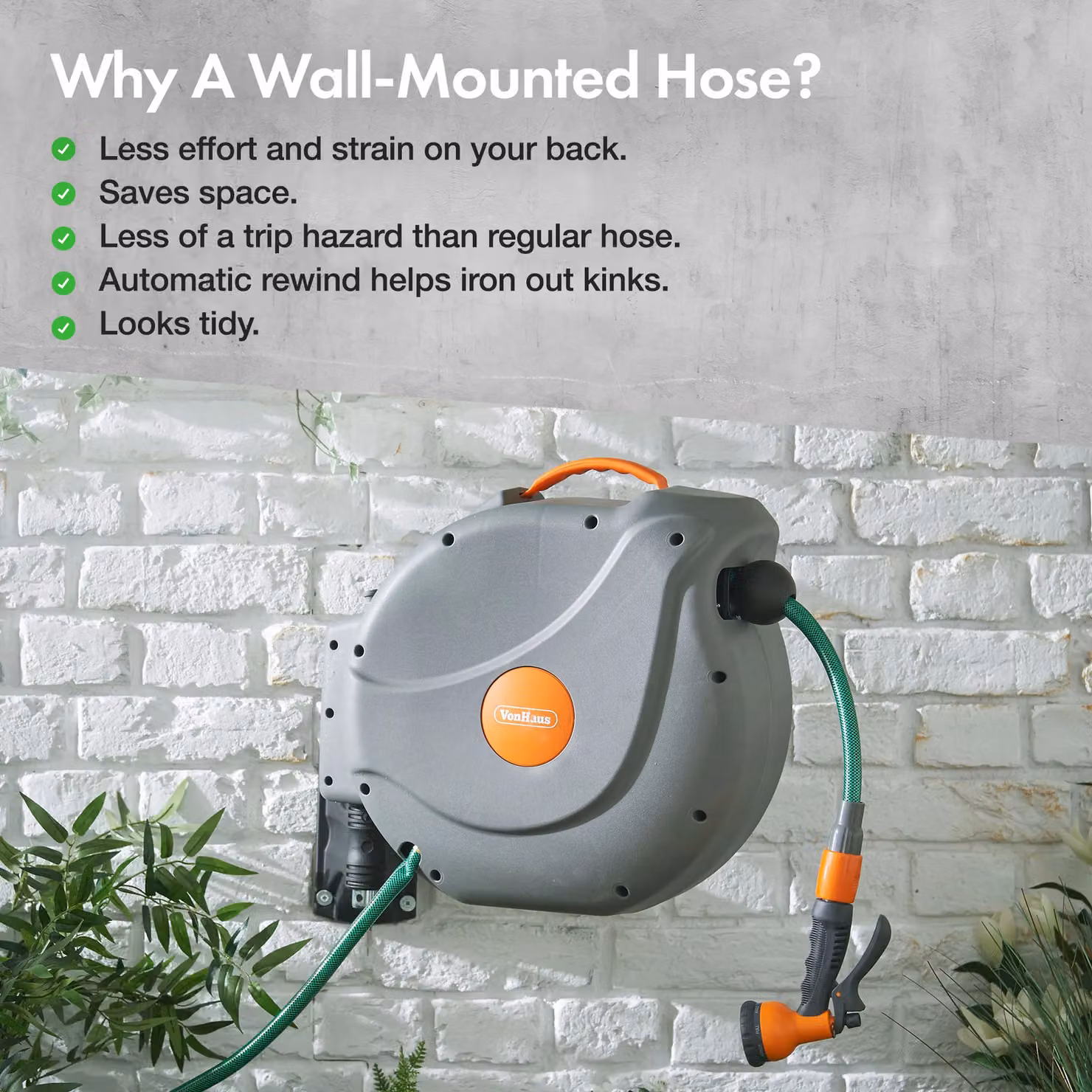 VonHaus Automatic Wall Mounted Garden Hose Reel in Grey – 3
