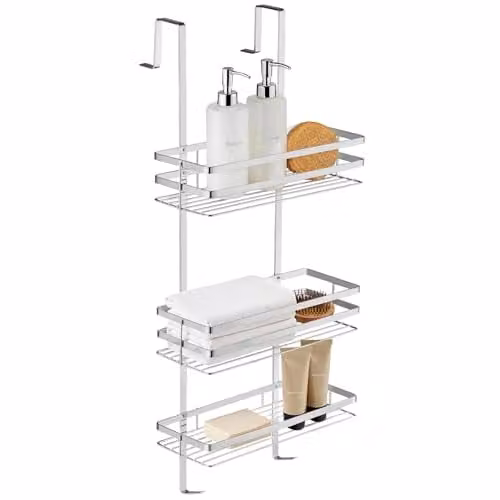 tectake 3-Tier Hanging Stainless Steel Shower Caddy with Hooks in Silver – 1