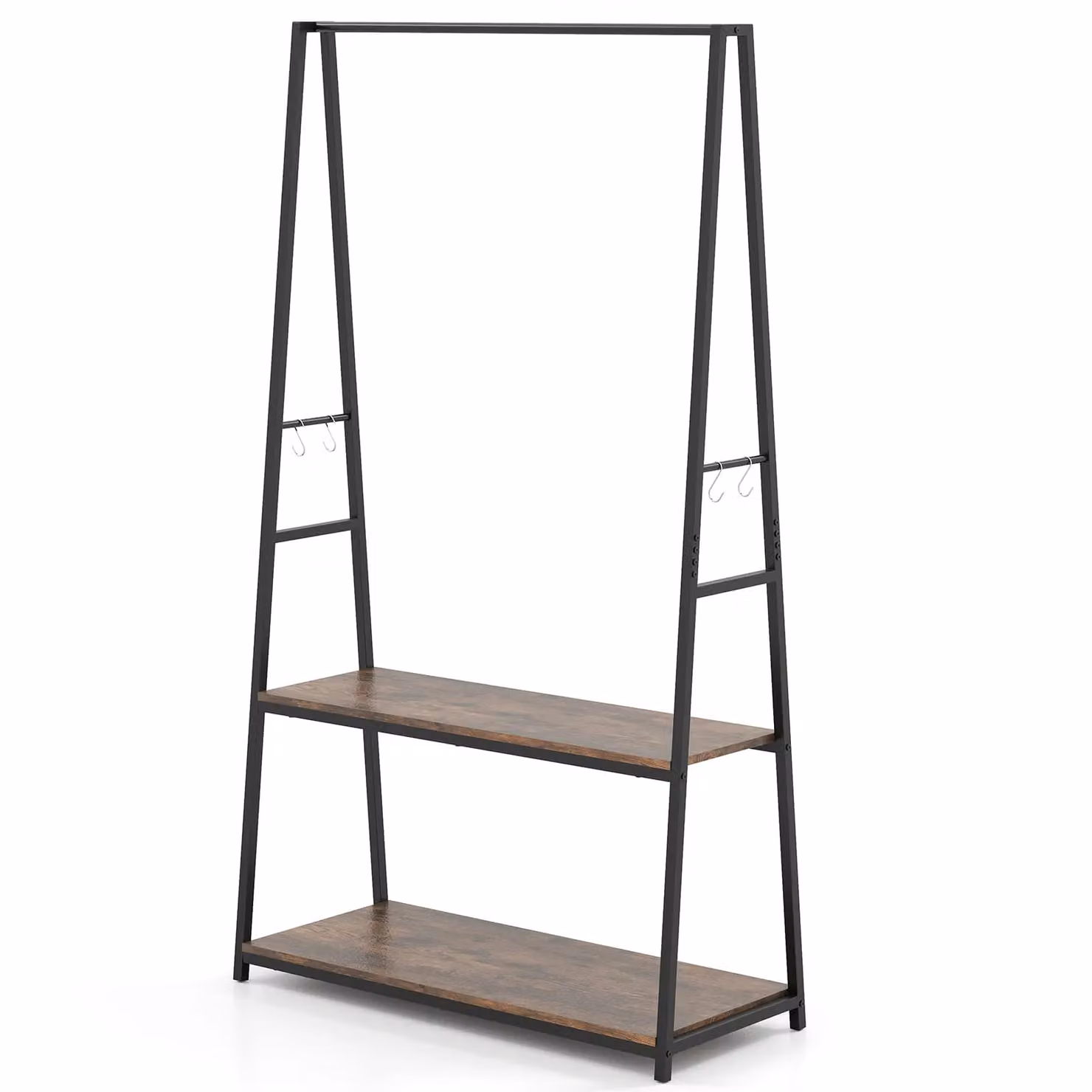Costway Industrial Freestanding Metal Clothes Rail with 2 Shelves in Brown – 2