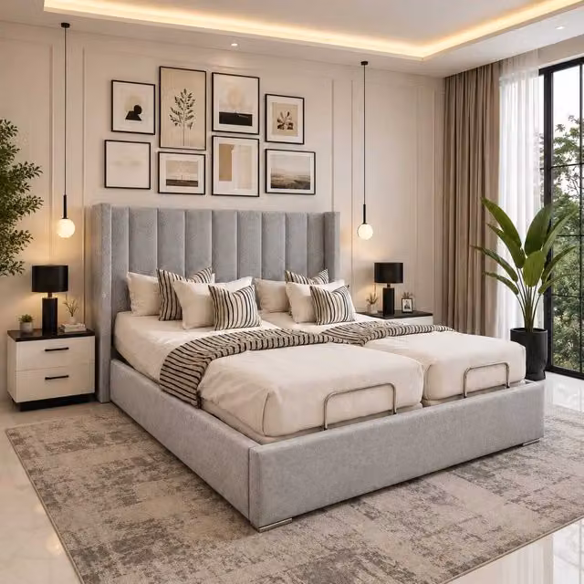 Swan Electric Adjustable Bed with Foam Mattress and Upholstered Headboard in Grey and Silver