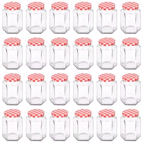 Argon Tableware Set of 24 Hexagonal Glass Jam Jars with Red Gingham Screw Top Lids, 250ml – 1