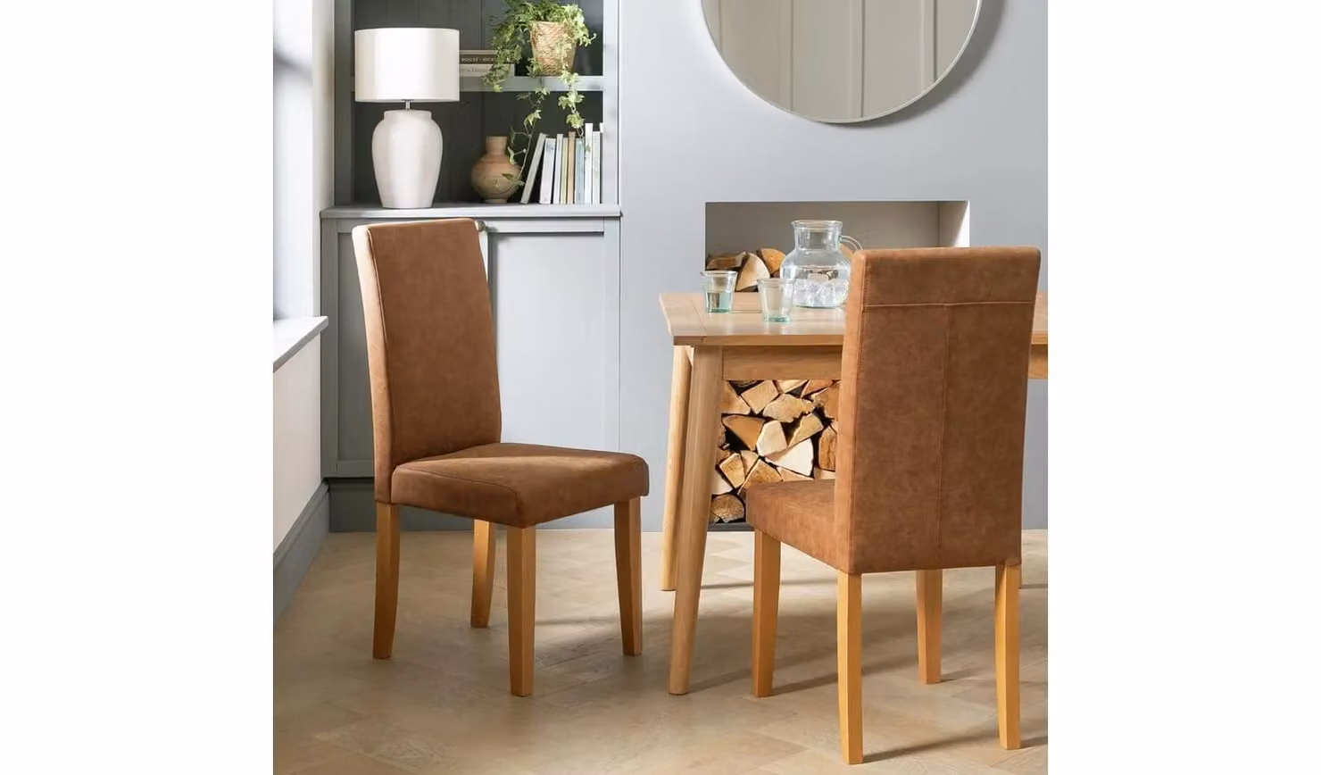 Pair of Modern Faux Leather Dining Chairs in Beige and Brown with Wood Legs