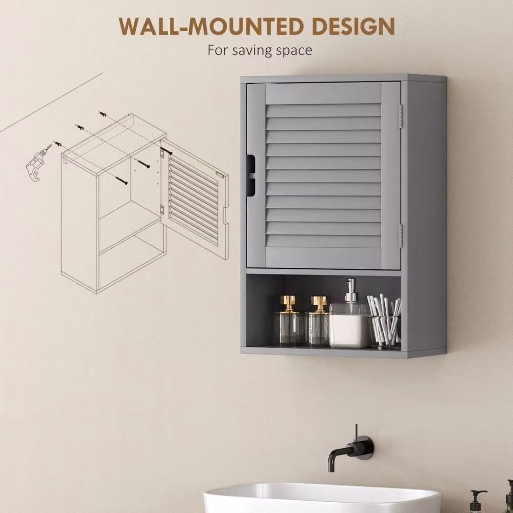 EONLION Grey Lacquered Wall Mounted Bathroom Cabinet with Adjustable Shelves and Hinged Doors – 2