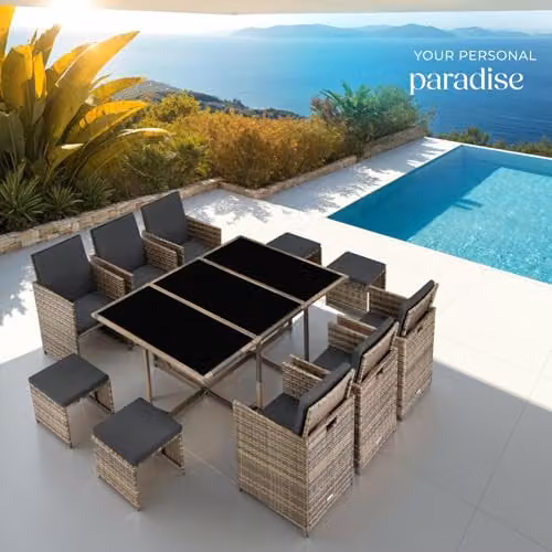 tectake Polyrattan Garden Furniture Set in Nature with Steel Base, Including 1 Table, 6 Dining Chairs and 4 Stools for Up to 10 People – 6