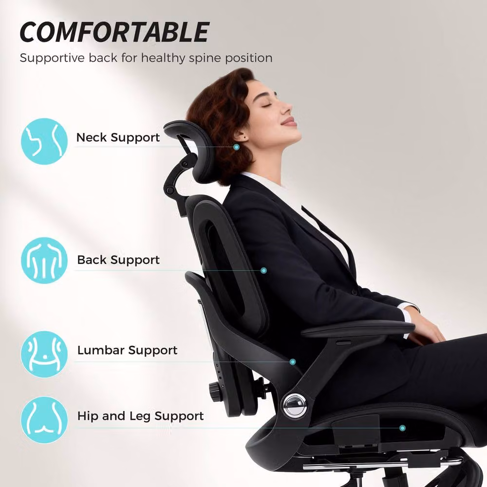 STILVORA Ergonomic Office Chair in Black Fabric with Adjustable Headrest and Seat Depth – 6