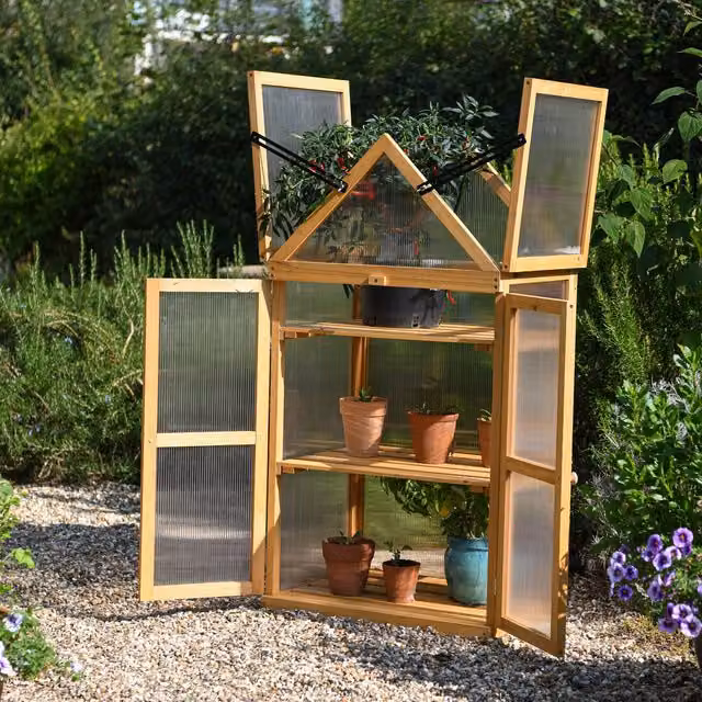 Garden Gear Brown Wooden 3 Shelf Gable Greenhouse Cold Frame with Polycarbonate Panels