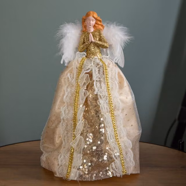 Samuel Alexander Gold Christmas Angel Tree Topper Decoration with Feather Wings, Height: 25 cm
