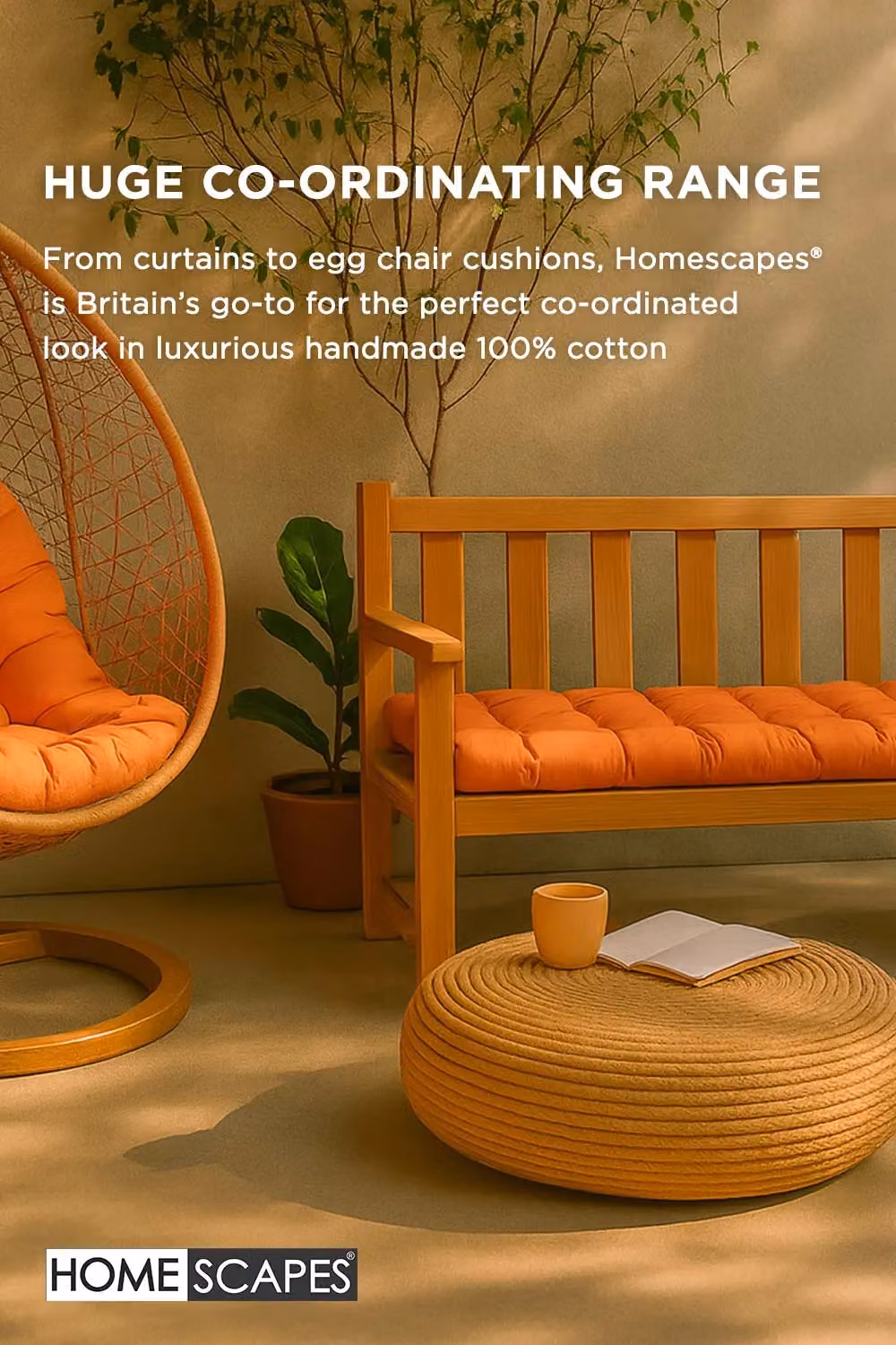 Homescapes 3 Seater Garden Bench Cushion in Orange, W: 143 cm, D: 48 cm – 4