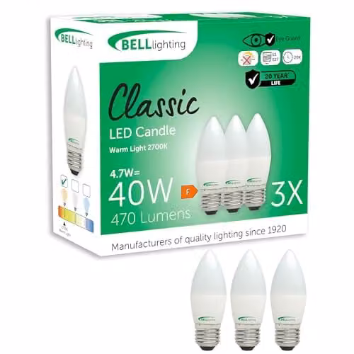 BELL Lighting E27 LED Filament Candle Bulbs, Warm White, Pack of 3 – 1