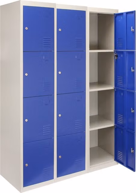 Monster Shop Set of 3 Blue Metal Storage Lockers with Four Hinged Doors, H 180 cm x W 45 cm x D 38 cm