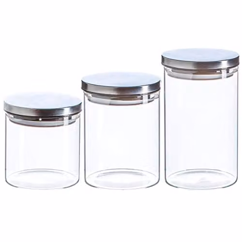 Argon Tableware Scandi Airtight Glass Storage Jar Set with Silver Metal Lids and Silicone Seals