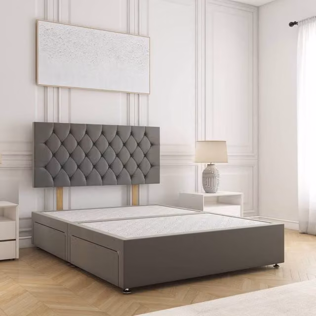 BSSPOKE Mia King Size Plush Velvet Divan Bed in Grey with 24 inch Headboard, 2 Drawers and Footend (No Mattress) W/D/H: 180 x 200 cm
