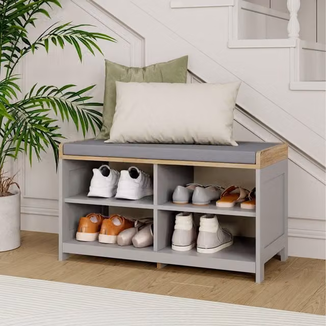 VonHaus Grey Rustic Shoe Storage Bench with Padded Fabric Seat and MDF Shelves